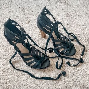 Derek Lam Size 7 Black Lace Up Cage 4” Wood Cone Heel Sandals